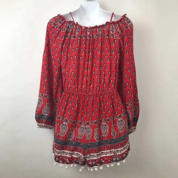 Band Of Gypsies Romper Red Nordic Floral Sz S - Picture 7 of 8